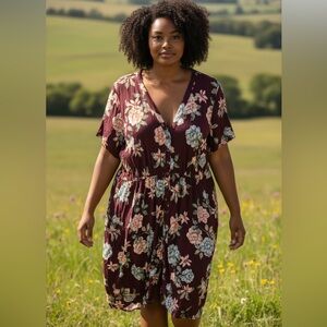 New With Tags Torrid Burgundy Floral V-Neck Dress
